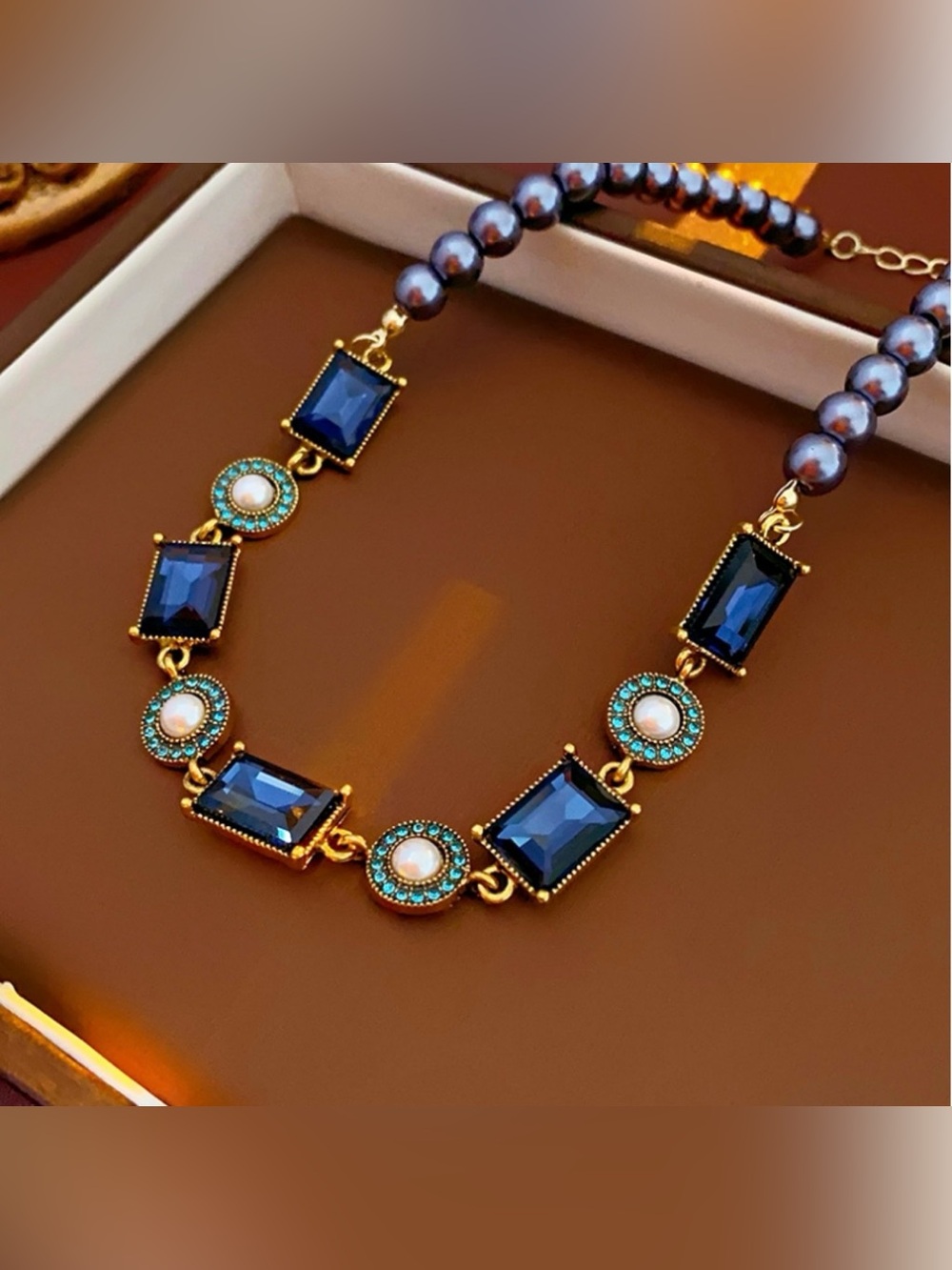 Gold-Plated Navy Blue Crystal and Pearl Necklace